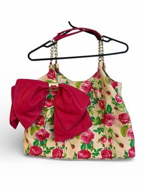 BETSEY Johnson Rose & Leaf Floral Bow Large Shoulder Bag Purse Green Pink